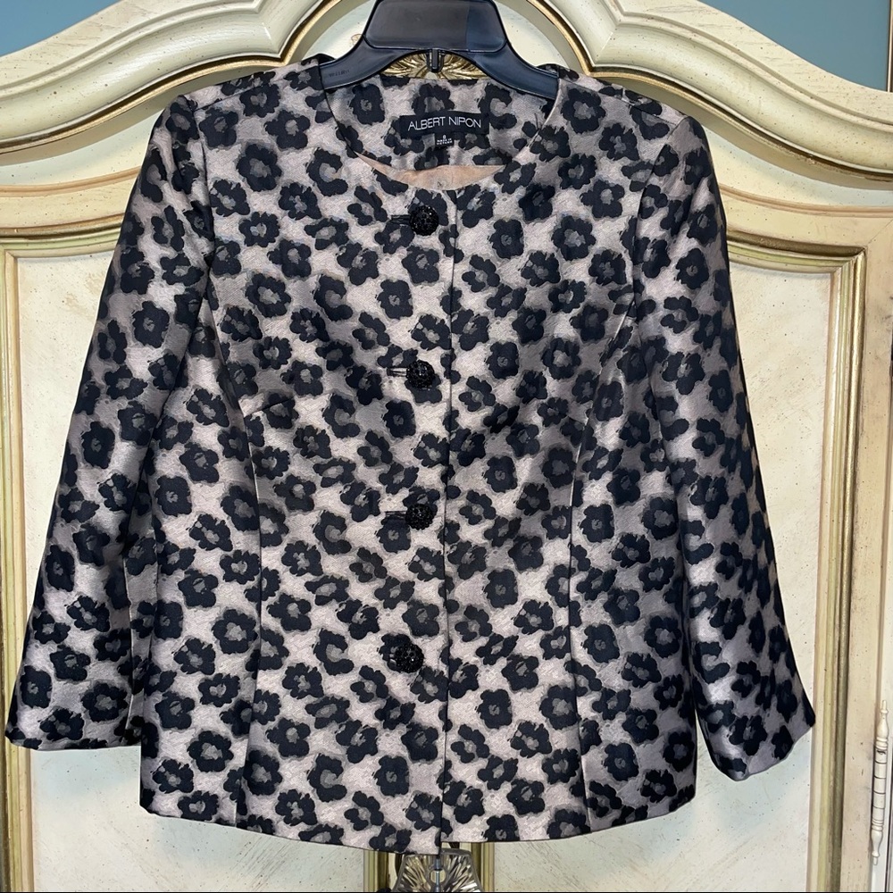 Albert Nipon Black Gold Abstract Floral Rhinestone Button Front Jacket Blazer